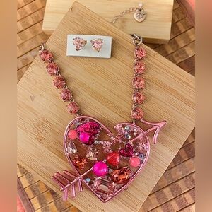 Betsey Johnson Pink/Gold Rhinestone Heart Arrow Pendant Necklace & Stud Earrings